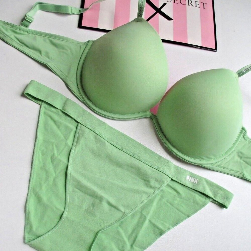 VICTORIA'S SECRET PINK Green Super Push-Up Bra and Bikini Panty Set NWT